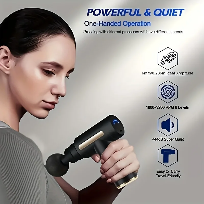 

Portable Handheld Motor Muscle Massager Gun with Replaceable Deep Tissue Percussion Massage Heads - Relieves Muscle Tension, Ide