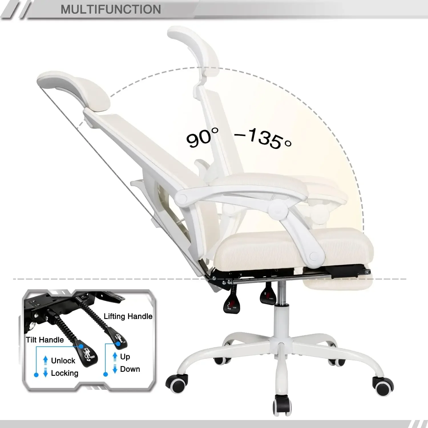 Qulomvs Mesh ergonomischer Bürostuhl mit Fuß stütze Home Office Schreibtischs tuhl mit Kopfstütze und Rückenlehne 90-400 verstellbar