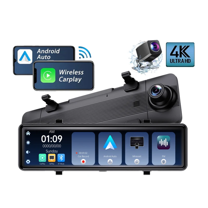 

11 Inch Car Rearview Mirror Dash Cam With Wifi Reverse Camera And Touch Screen Android Auto Carplay Display