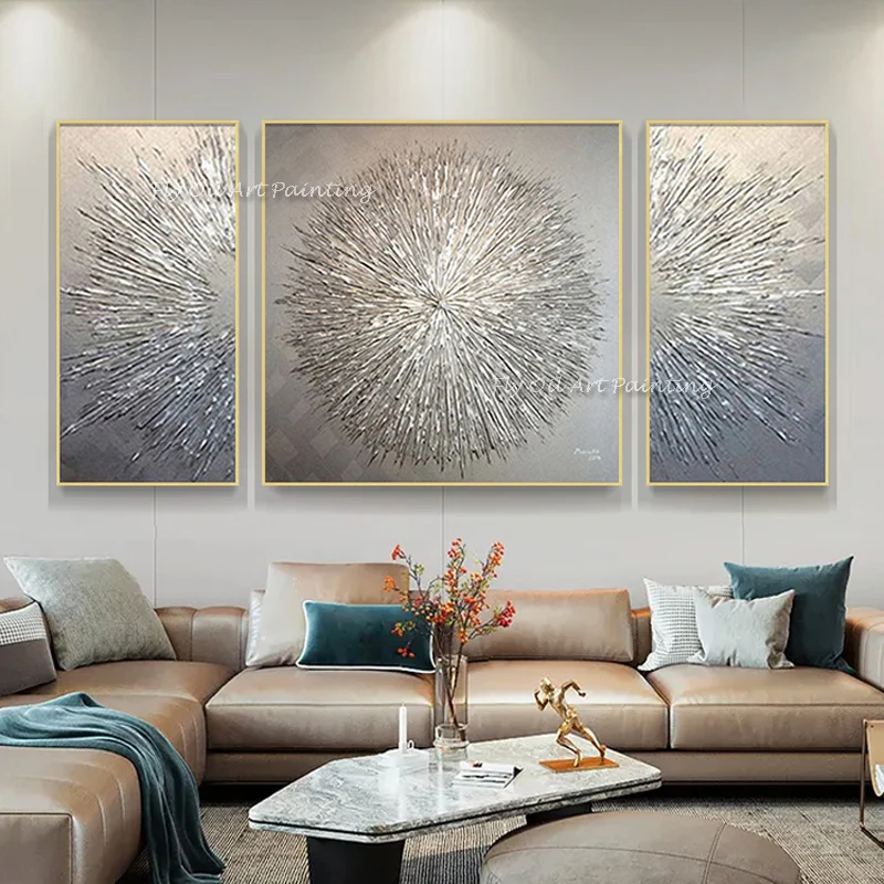 Abstract Large Sizes 100% Handmade 3 Panels Silver Line Thick Oil Painting Modern Canvas Wall Art Living Room Decor