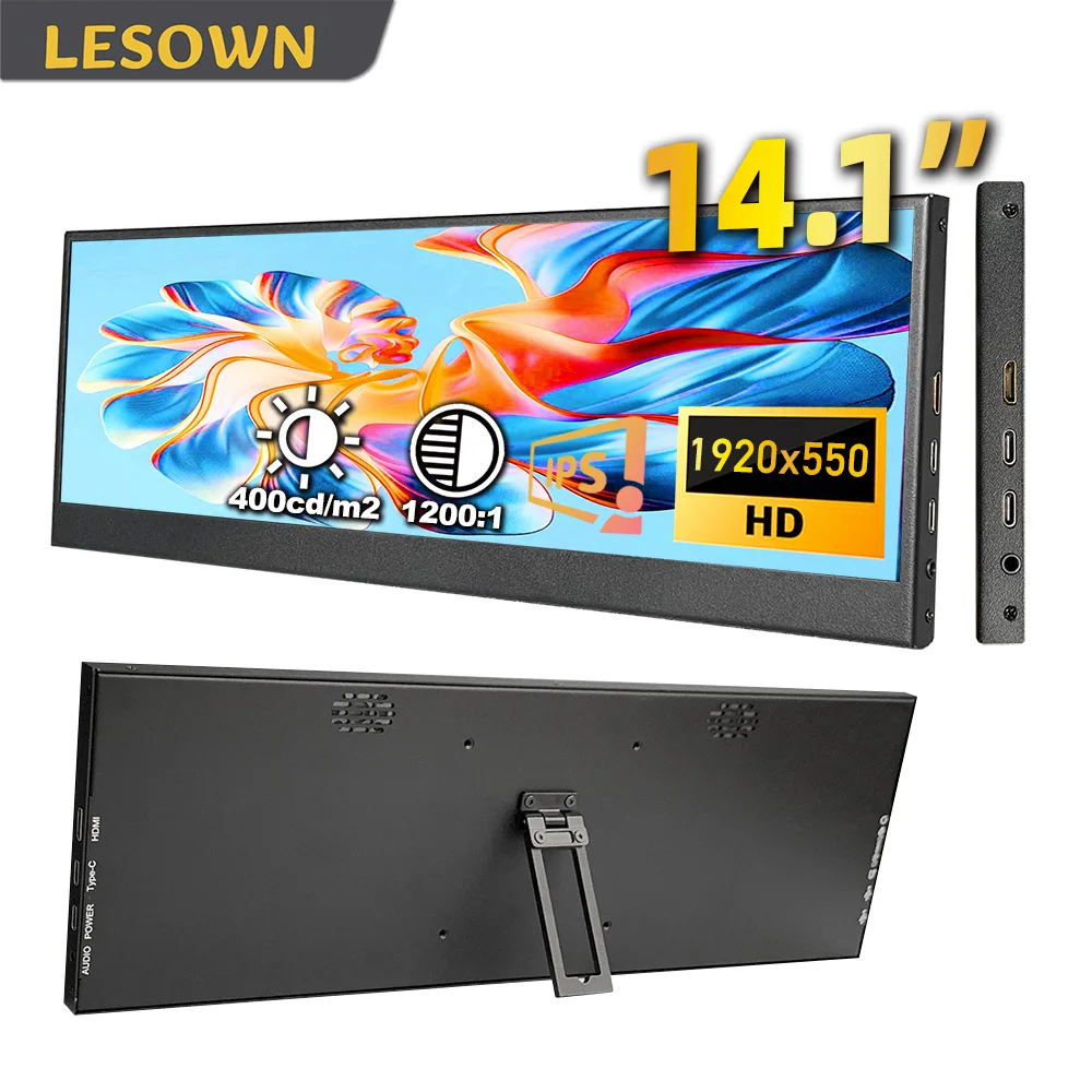 

LESOWN 14,1-дюймовый расширенный планшетный дисплей 3840x1100 IPS, растянутый горизонтальный монитор, дополнительный экран для рабочих игровых ноутбуков, игровых консолей