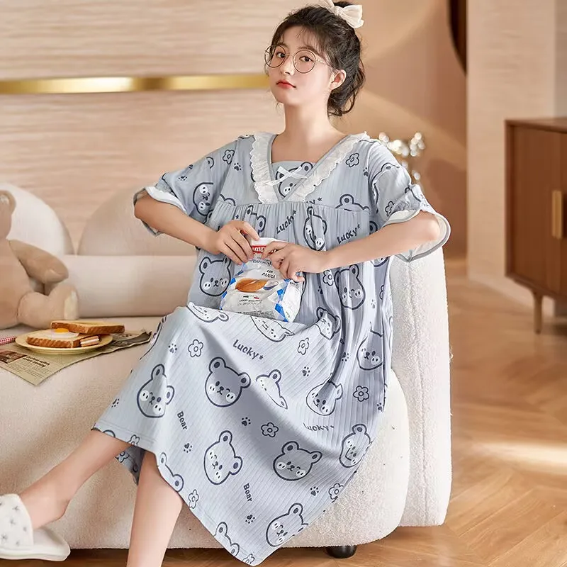 Cute Cat Women's Nightgowns Fashion Night Wear Summer Nightdress Cartoon Femme Sleepwear Plus Size Pijamas Cotton Pyjama M-XXXXL