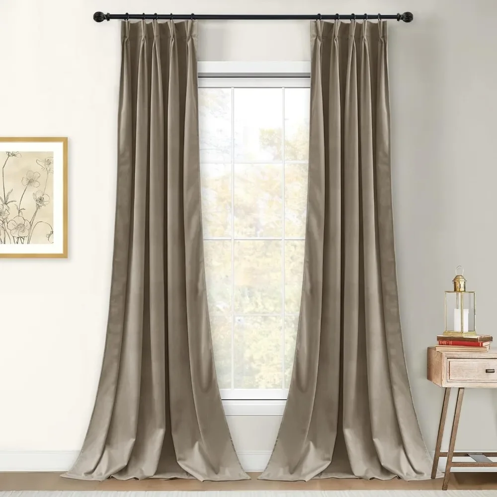 

Camel Beige Velvet Curtains 108 inches Pinch Pleat Drapes Super Soft Heavy Window Thermal Insulated Drapes W30 x L108, 2 Panels