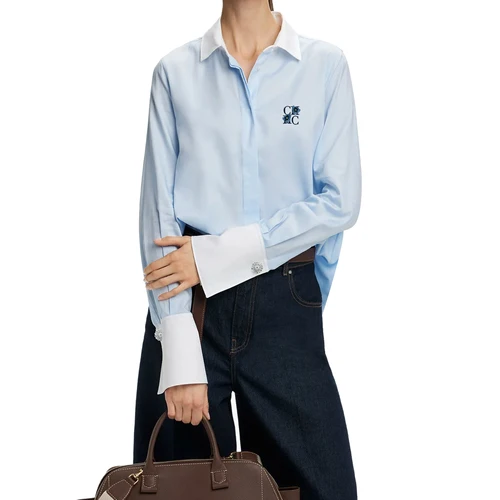 Nuevas camisas para mujer, blusa de manga larga con retazos de flores bordadas, solapa elegante, Tops holgados a rayas para primavera y verano para oficina para mujer