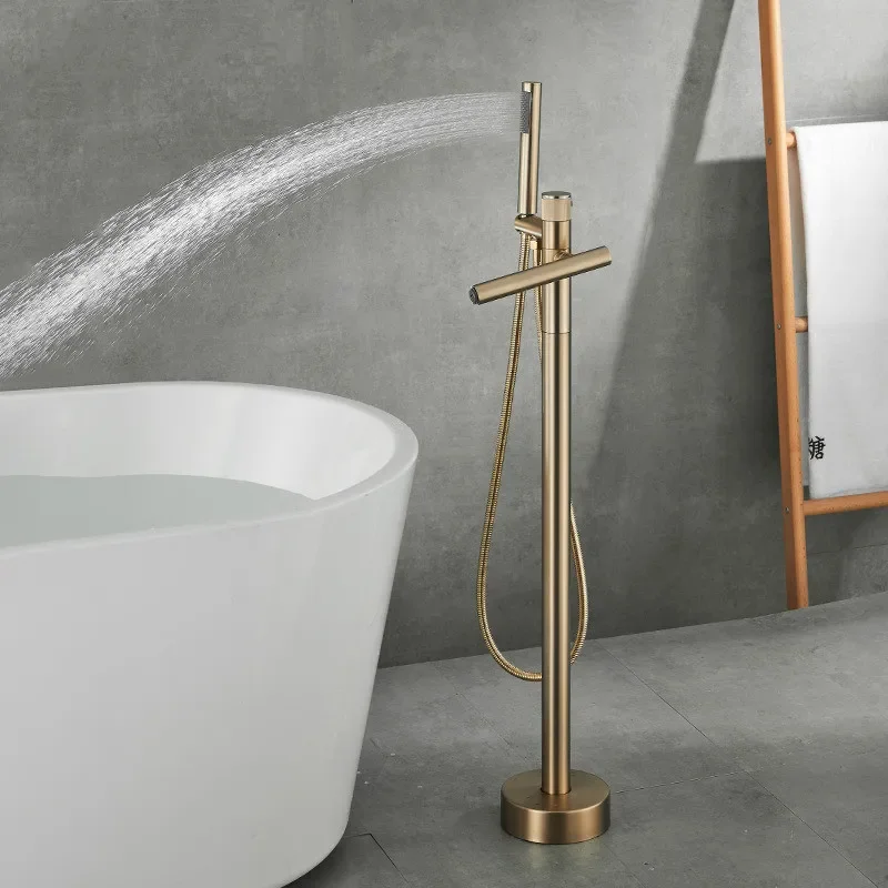  Brushed Gold Bathroom Bathtub Faucet + Handheld Shower Free Standing Luxury Gray Waterfll BathTub Mixer Taps Floor Mounted