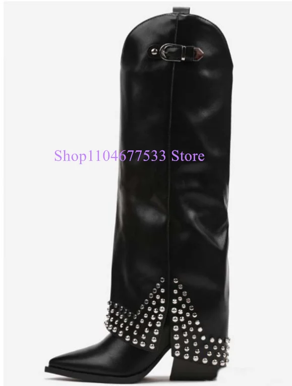 

Новые черные кожаные женские сапоги до колена с заклепками, модные высокие сапоги до колена с острым носком на массивном каблуке, женские модельные туфли с пряжками для вечеринок