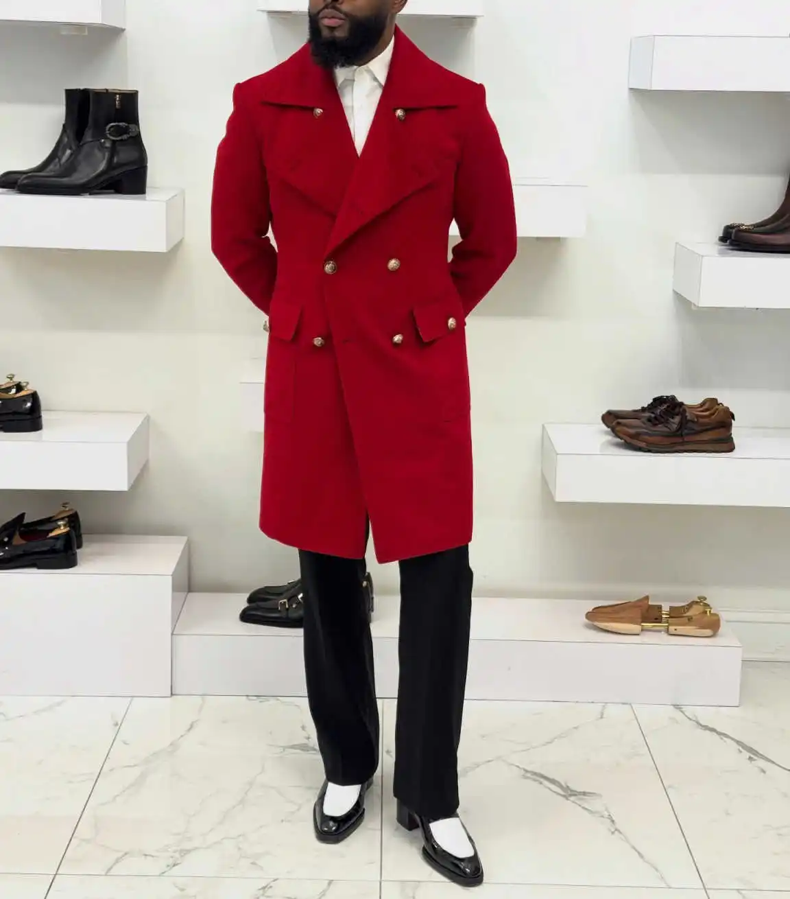 Cappotto lungo da uomo in misto lana bello con risvolto dentellato doppio petto smoking da sposo personalizzato in un unico pezzo