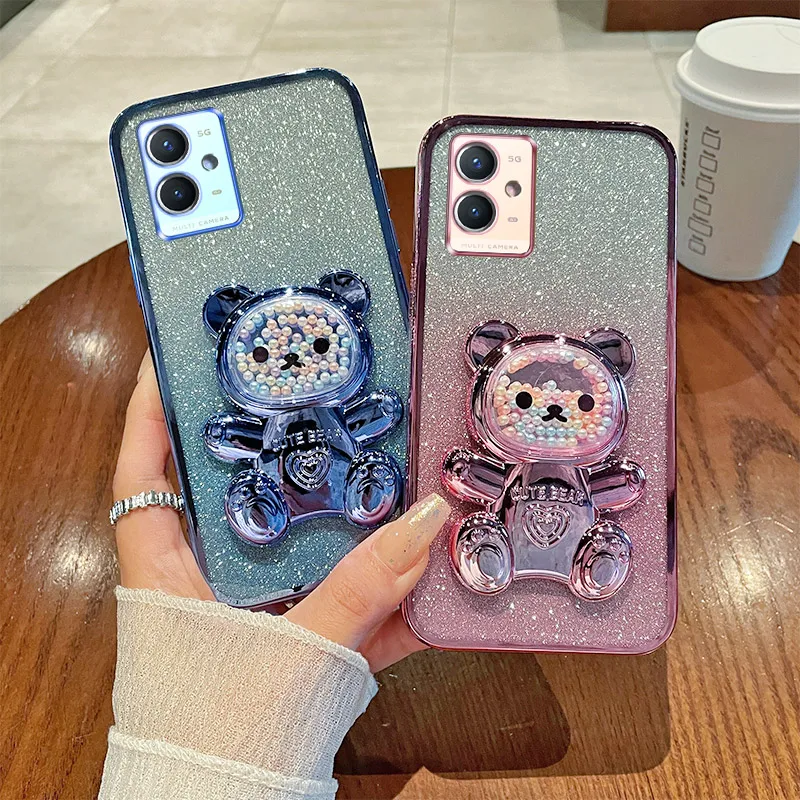 For Vivo Y75 5G Case Soft Silicone Bling Shockproof Electroplated TPU Cell Phone Casing For V2142 Back Cover Cute Bear Stand