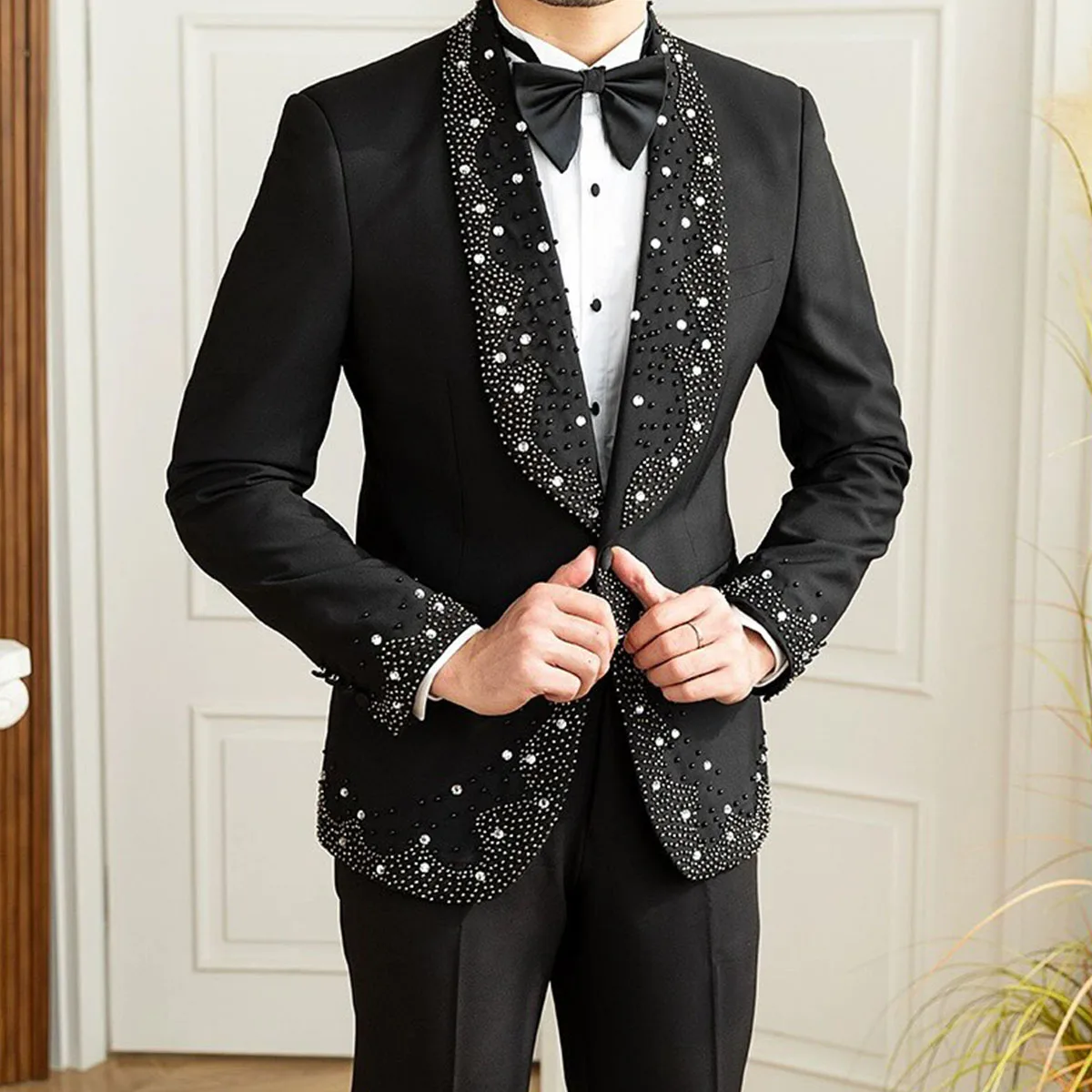 

Customized Diamond 2 Pieces Sets Men Suits trajes para hombre Glitter Male Prom Blazer Shawl Lapel Groom Wedding Tuxedos