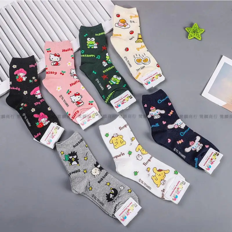 Kawaii Sanrio My Melody Pompompurin Badbadtz-Maru Mid-Tube Socks Cotton Sock Sweat Absorption Breathable Birthday Gift For Girls