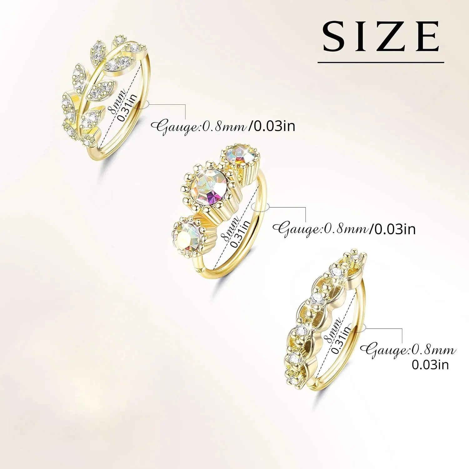 Drperfect Edelstahl-Nasenring mit CZ-Besatz, Blatt-, Feder- und Blumenmuster, Nasen- und Ohrknorpel-Piercingring – Detail 1