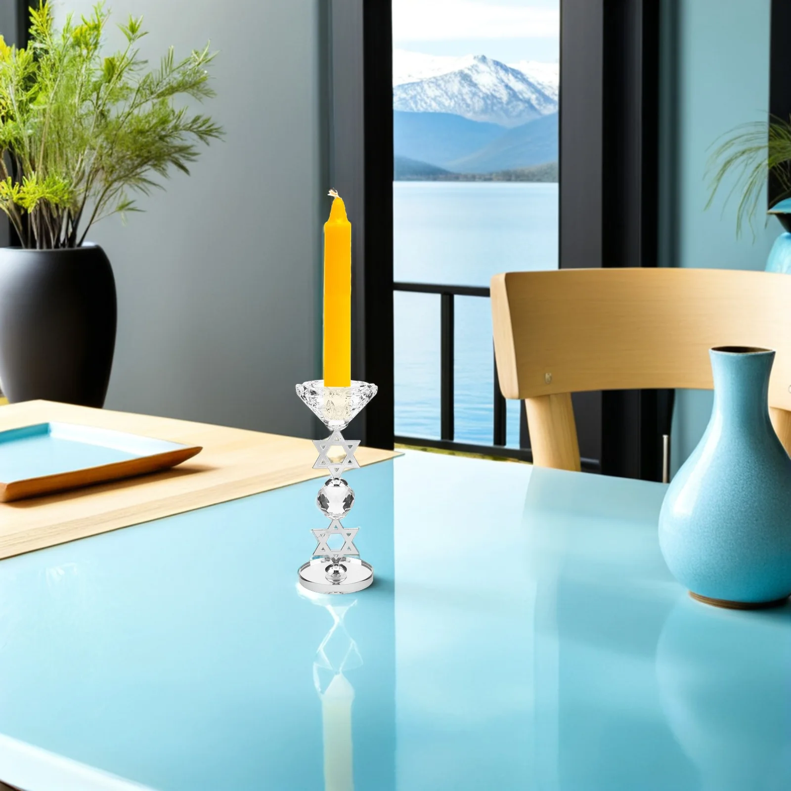 

Pillar Holder with Six Pointed Star Design - Crystal Chanukah Candles Holder - Vintage Tabletop Candlestick for Family