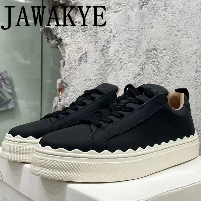 JAWAKYE Genuine Leather Flat Sneakers Women Running Trainer Causal Shoes Thick sole Round Toe Lace Up White Walking Shoes Ladies