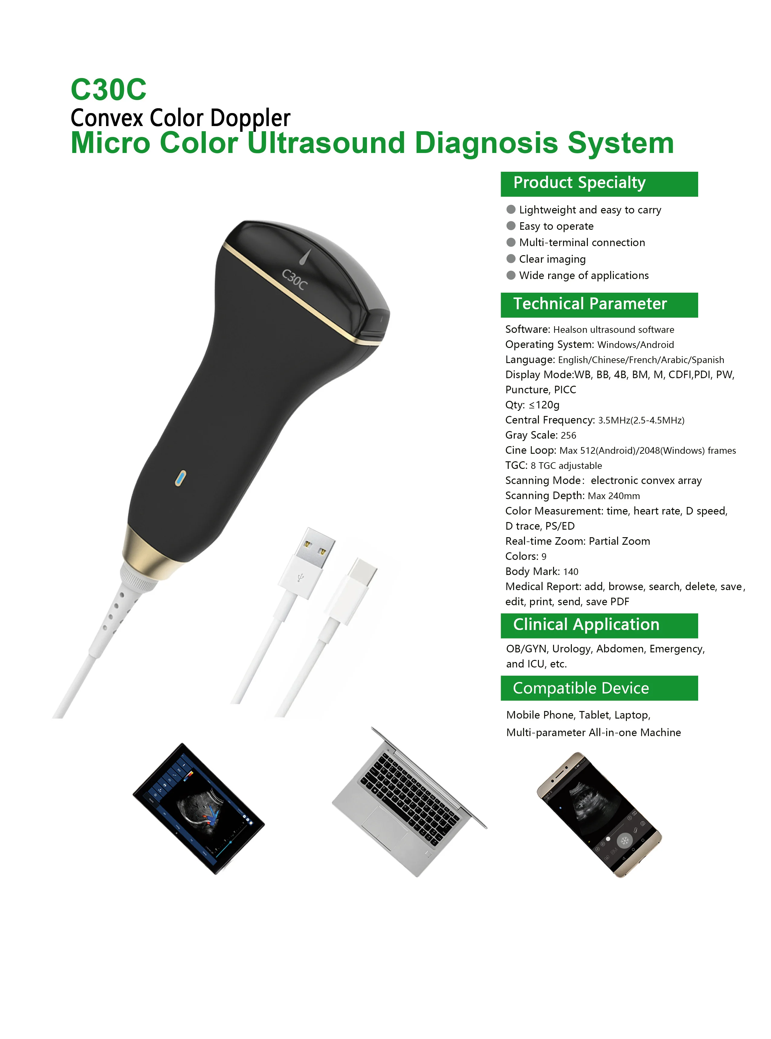 USB Type-C Smart Phone Echo Color Doppler Convex Array Probe Veterinary Ultrasound Scanner Machine