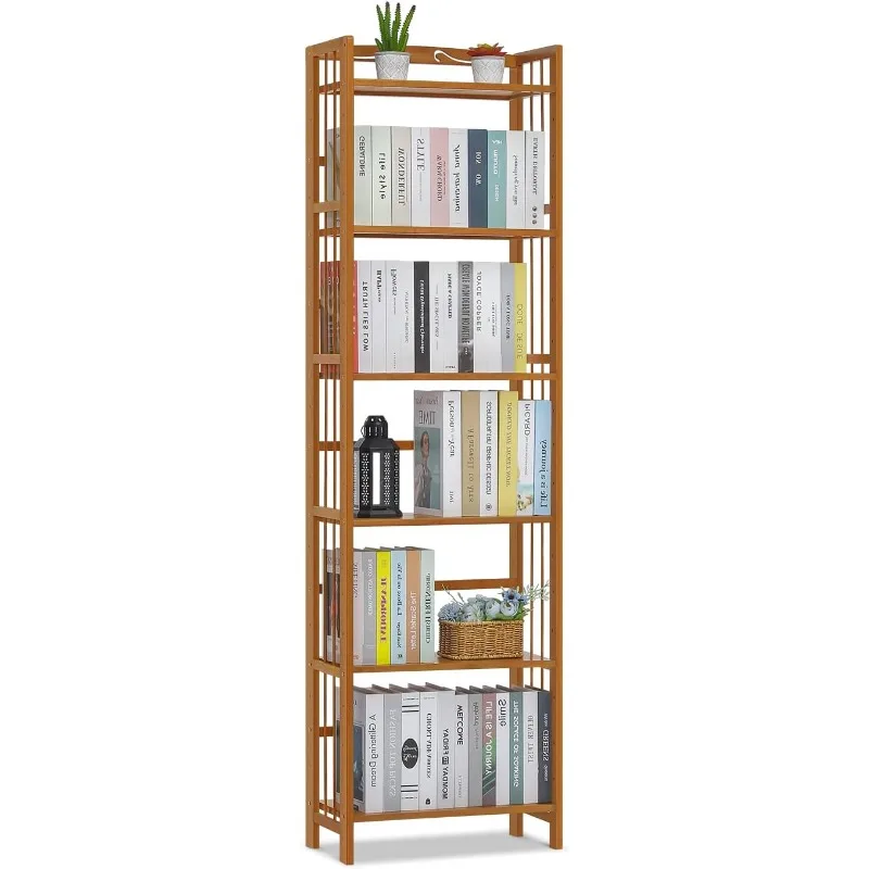 

Tall 6 Tier Bookshelf, Bamboo Multifunction Free-Standing Narrow Storage Bookcase Display Shelf in Living Romm Home Office