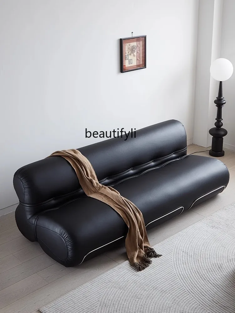 French Retro First Layer Cowhide Designer Model Living Room Combination Mid-Ancient Style Light Luxury Double Three-Seat Sofa