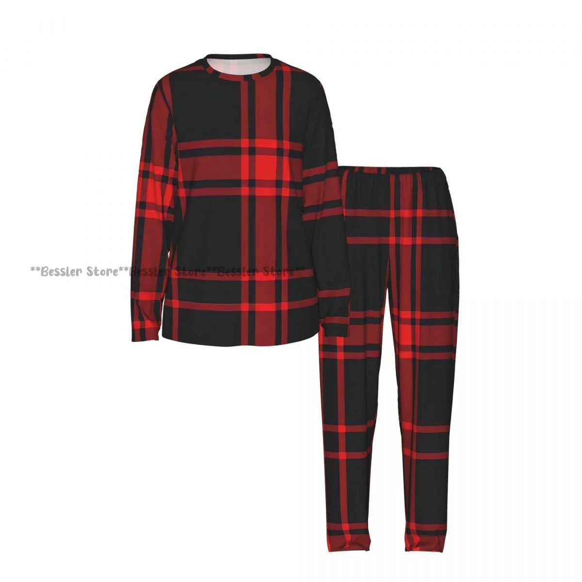 Women Round Neck Pajamas Set Classic Plaid Checkered Tartan Pattern Long Sleeve Tops + Long Pants