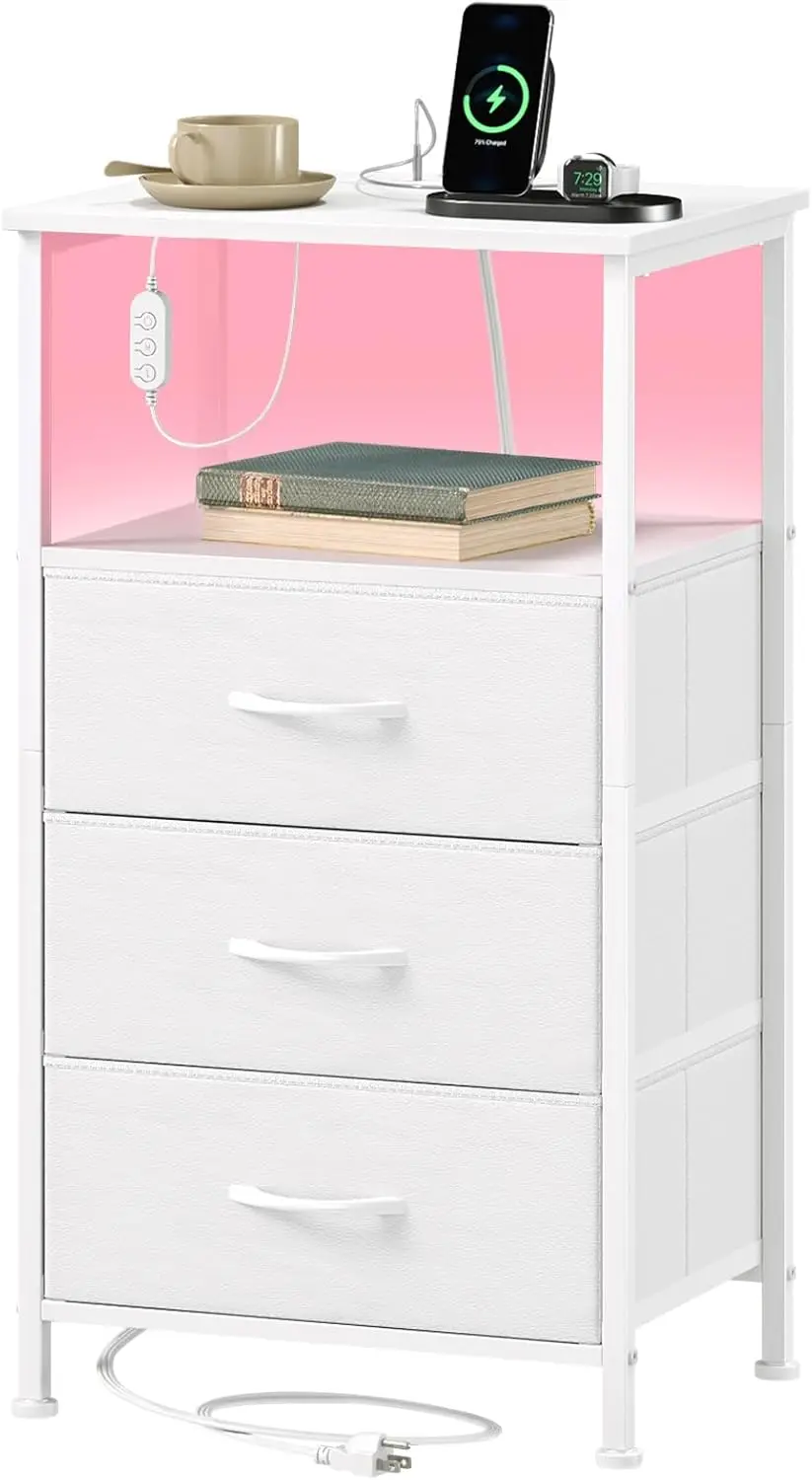

White Nightstand with Charging Station and LED Light for Bedroom, Tall 3 Drawers Dresser with Fabric
