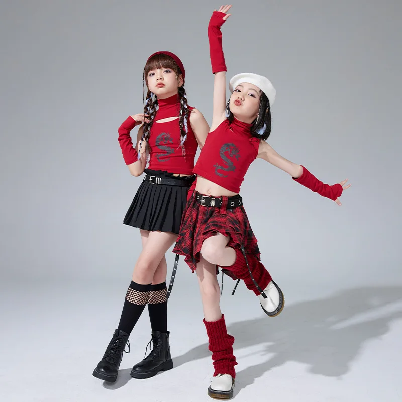 

New Girls Jazz Dance Clothes Cheerleading Performance Outfit Wine Red Vest Plaid Skirt Kids Hip Hop Suit Kpop Stage Costumes