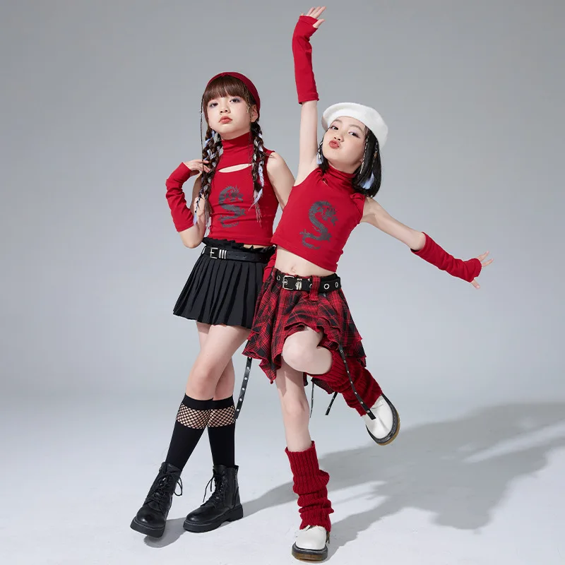 New Girls Jazz Dance Clothes Cheerleading Performance Outfit Wine Red Vest Plaid Skirt Kids Hip Hop Suit Kpop Stage Costumes