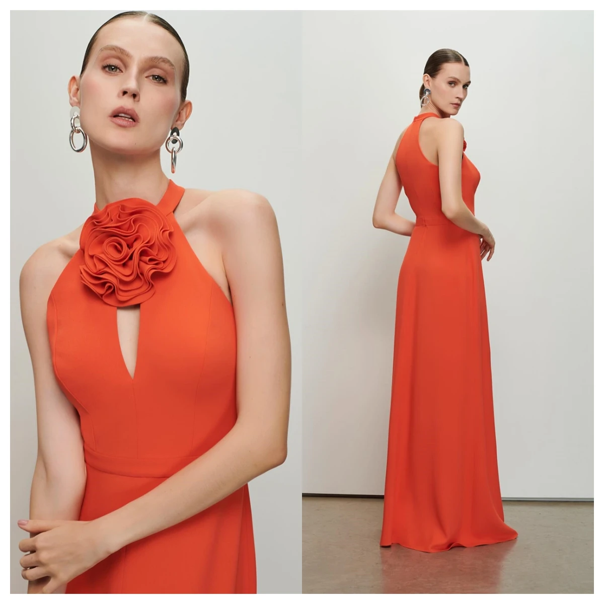 Customized Classic Orange Jersey Evening Dress Halter Party Dress Temperament  Flowers Special Occasion Gowns Delicate  Soft
