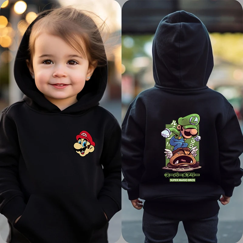 Mario print children's clothing kids hoodie autumn and winter sports sweater black casual tops for girls