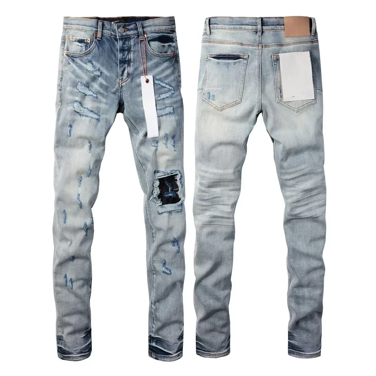 

Top Quality Purples Jeans Men 1:1 High Street Blue Hole Patch Light Color Repair Low Raised Tight Denim brand Pants