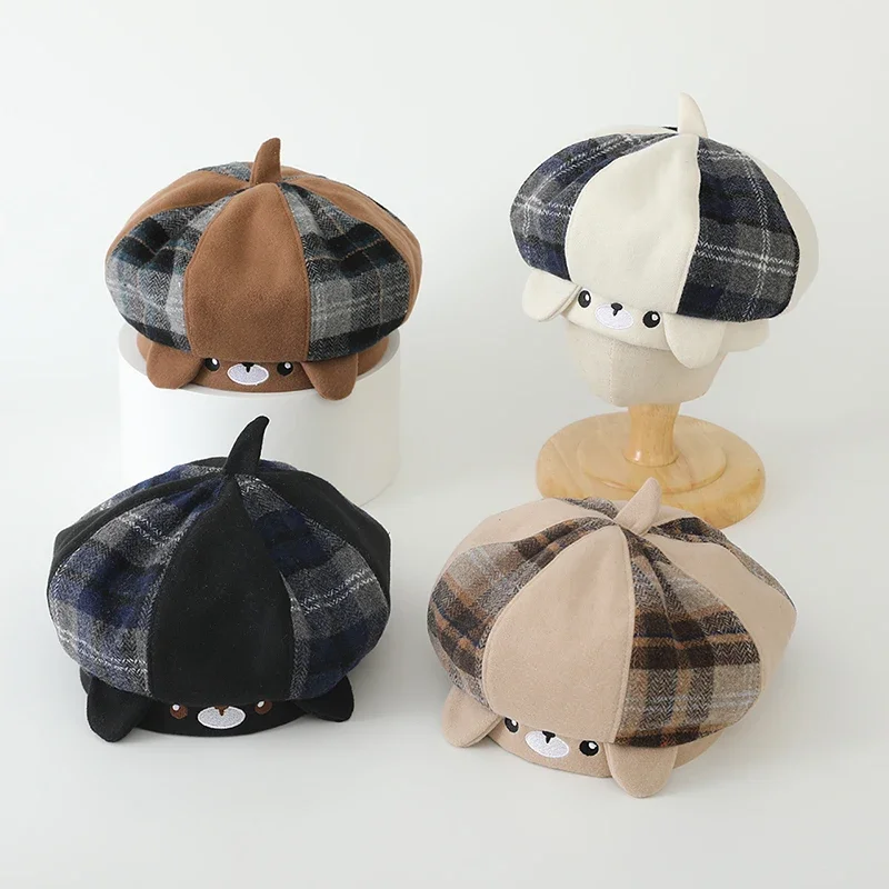 

Cute Baby Girls Beret Hat Plaid Bear Princess Berets Cap Autumn Winter Kids Hats Korean Fashion Accessories 1-3 Years