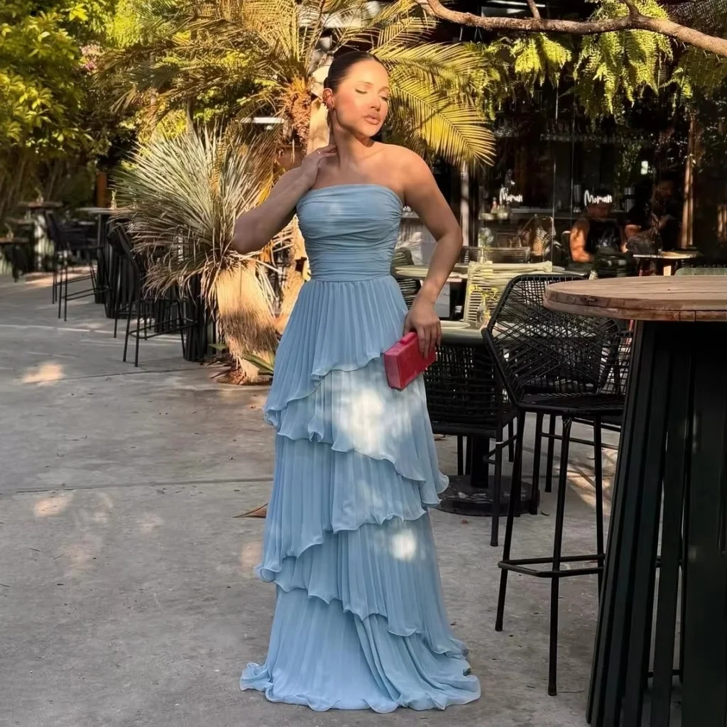 Women Light Blue Prom Dresses Strapless Ruched Bodice Tiered Ruffle Chiffon Long Wedding Party Women Dresses