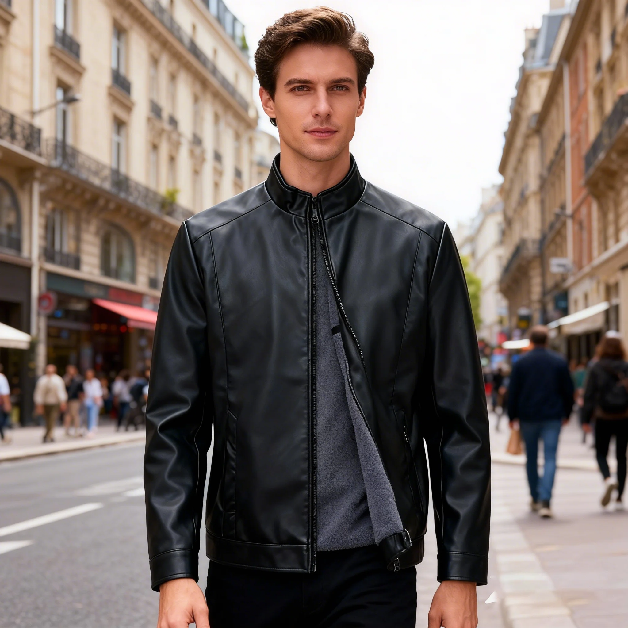 

Men's Leather Jacket Square Collar Cool Windproof Motor Coat PU Leather Jackets Fleece