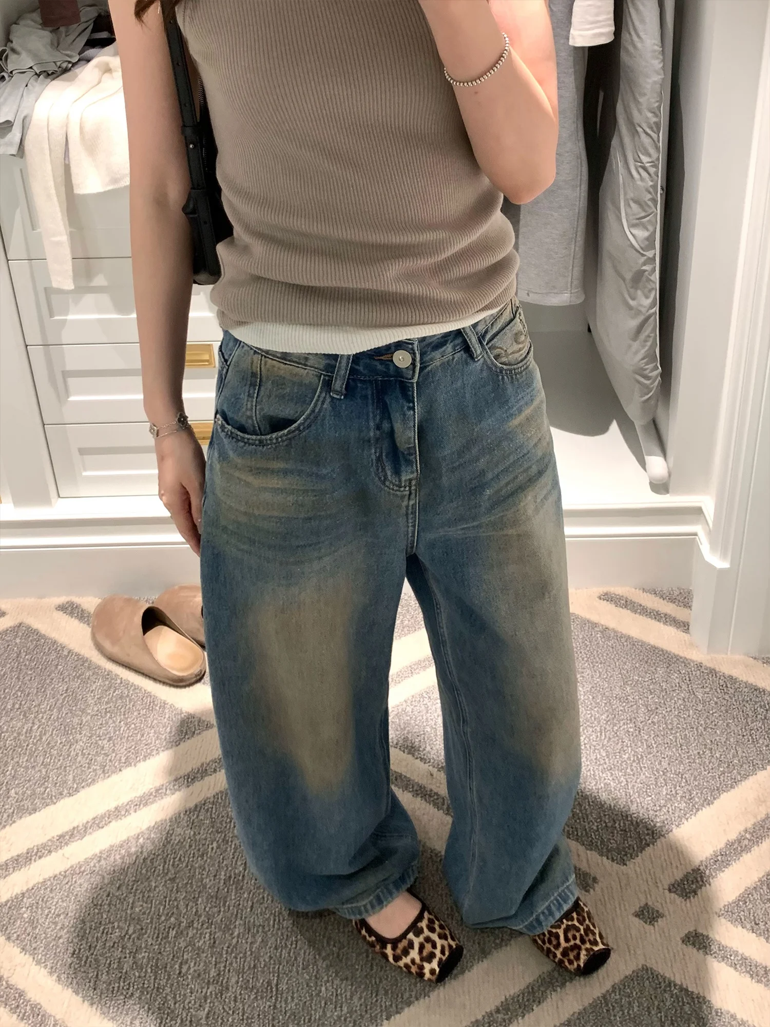 

Женские джинсы с высокой талией, прямые, блестящие, из денима, весенние, новые, винтажные, широкие, длинные брюки, повседневные, хлопковые, Z...