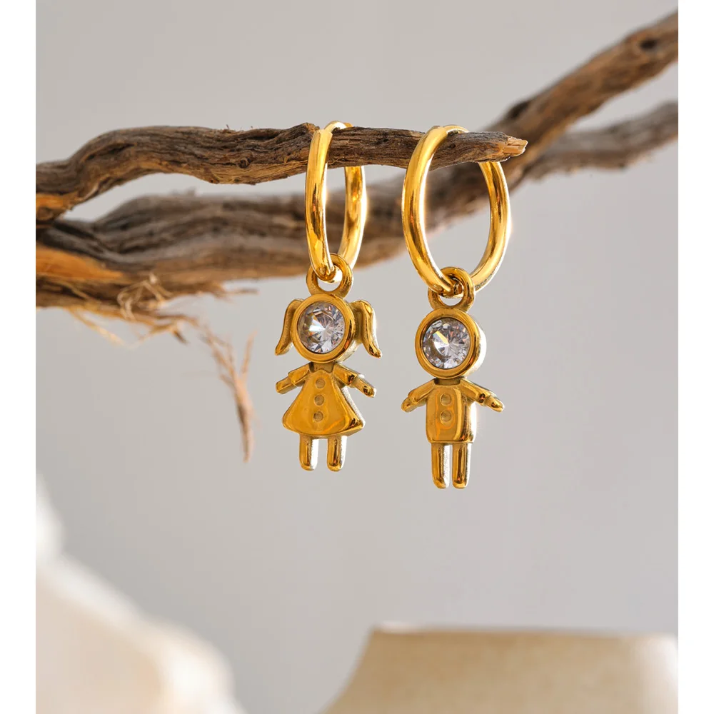 Yhpup Stainless Steel Cubic Zirconia Cute Boy & Girl Cartoon Portrait Drop Hoop Earrings Stylish Golden Jewelry Waterproof