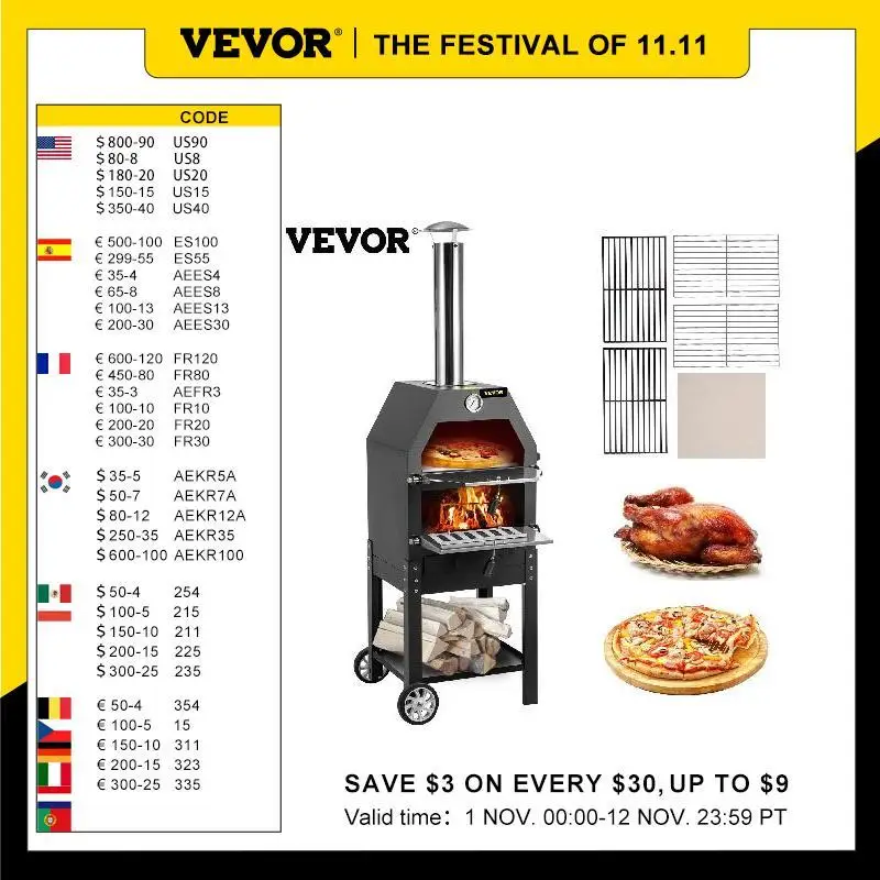 

New VEVOR 12" Wood Fried Pizza Oven with Wheels & Handle Labor-Saving 2-Layer Portable for Backyard Camping Site Park