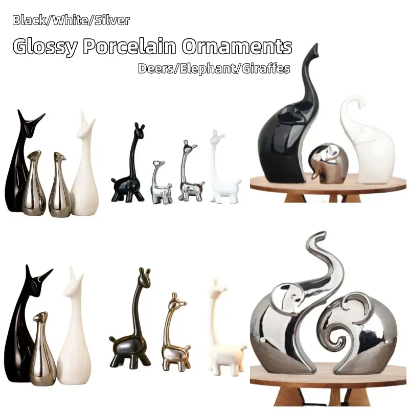 Nordic Ins Deers Porcelain Decoration Giraffes Glossy Ceramic Ornaments Black/White/Silver Elephants Home Decor Figurines