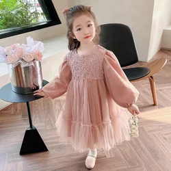 Childrens Clothing 2024 Fashionable Sweet Bubble Sleeve Princess Skirt Childrens Fashionable Long Sleeved Dress