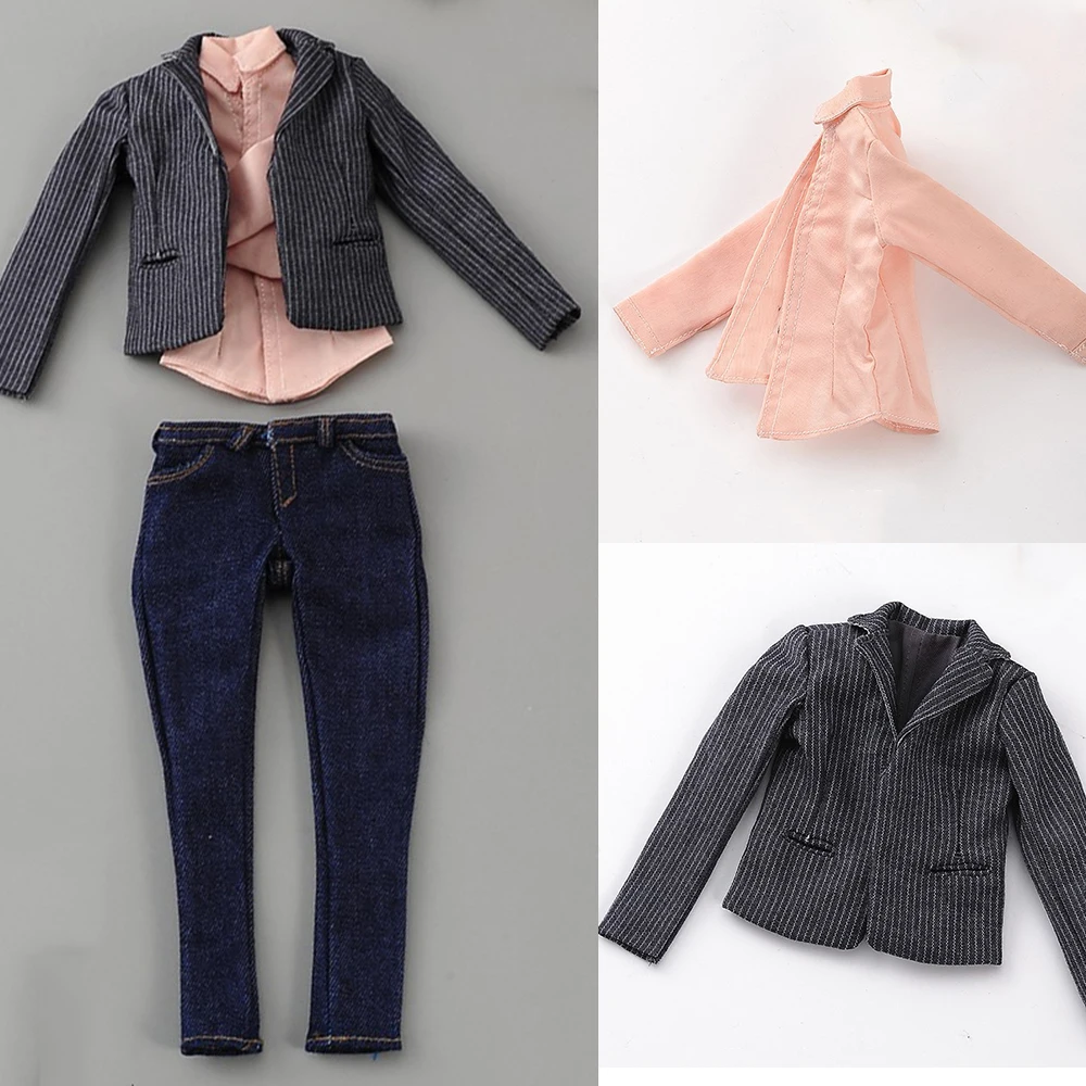 1/6 Women Soldier Business Suit Blazer Striped Suit Jeans Pink Shirt Office Lady Long Sleeve Jacket For 12 Inches Action Figure