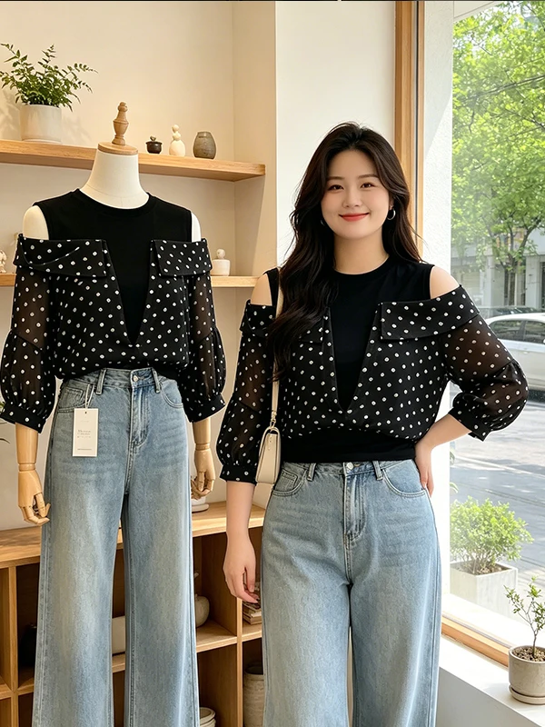 

Summer Polka Dot Splice Short Sleeve Shoulder Bared Shirt Women's Elegant Versatile Top plus Size Fashion Casual round Neck