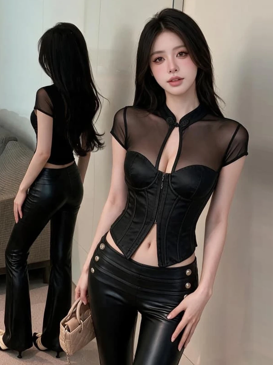 Sexy Hollow out T-Shirt Micro See through Mesh Straight Cut Belly Design Slim Fit Fishbone Top Trendy Short Sleeve Casual Wear