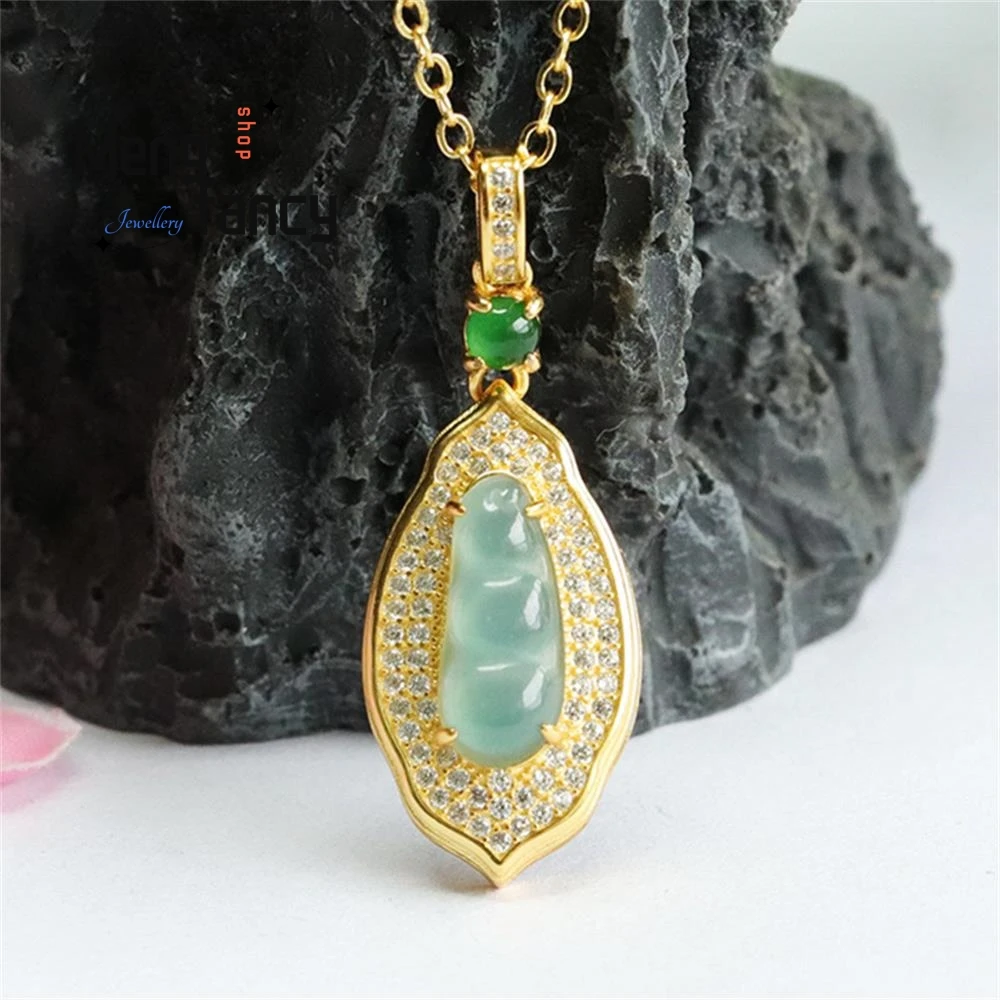 

S925 Silver Inlaid Natural Blue Water Jadeite Ice Four Season Bean Pendant Exquisite Elegant High-grade Luxury Fashion Jewelry