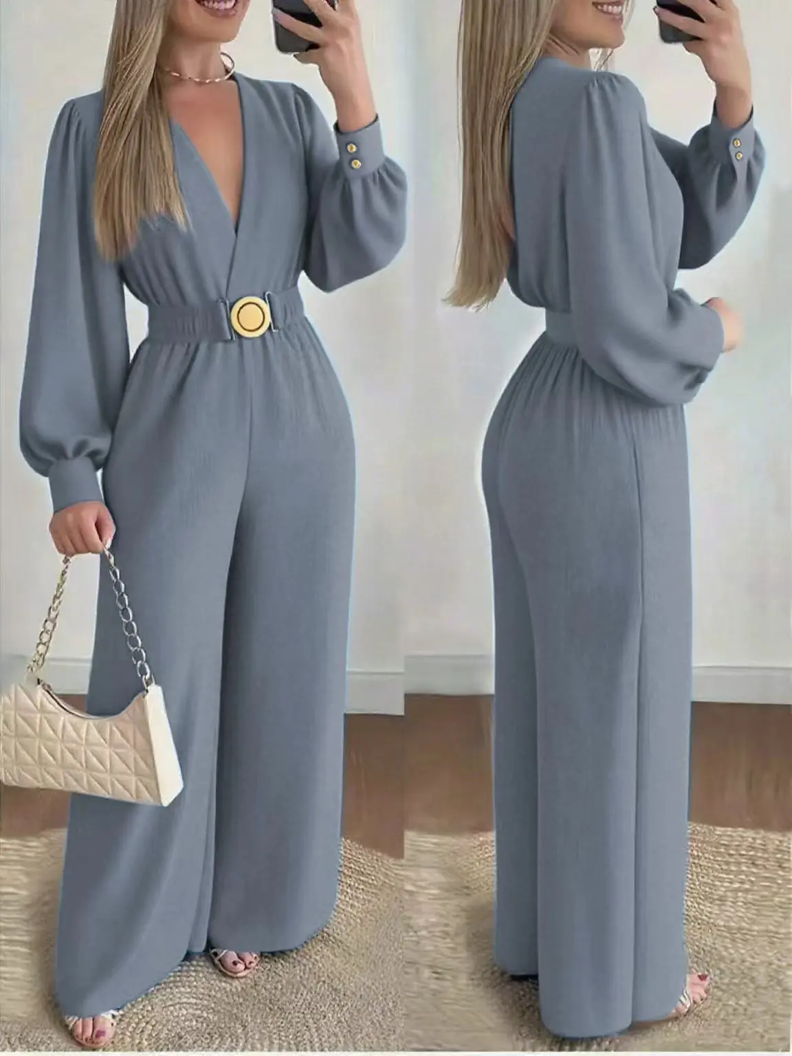 Deep V-neck jumpsuit with wide legs for slimming and fashionable style