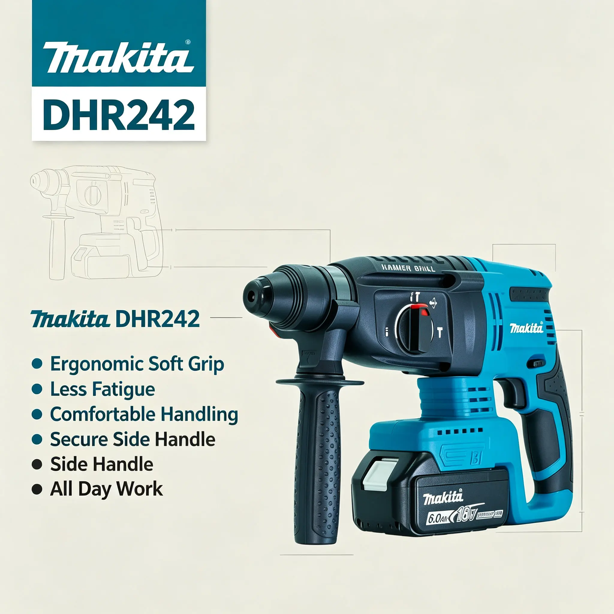 Marteau perforateur sans fil Makita DHR242 18V d'origine, qualité professionnelle, vibrations réduites à 13,5 m/s², distribution de poids optimisée pour une prise en main confortable lors de longues sessions de perçage répétitif.