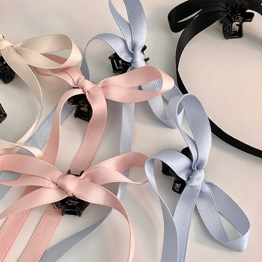 1PCS Y2K Ribbon Bow Hair Clips With Long Tassel Sweet Small Hair Claw Clips Girls Long Tail Bownot Hairpins Hair Accessories