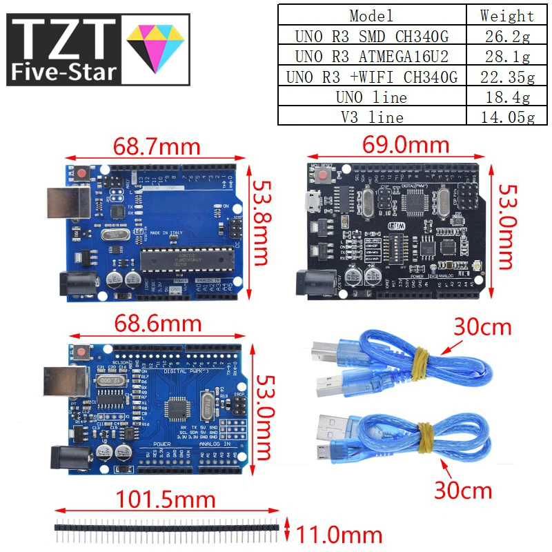 TZT Official UNO R3 ATMEGA16U2 / UNO+WiFi R3 Original ATMEGA328P Chip CH340G For Arduino UNO R3 Development Board WeMos ESP8266