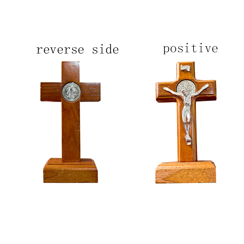 

11cm/16cm Small Tabletop Wooden Crucifix with Silver Jesus & Saint Benedict Medal for Christian Home Protection Decor