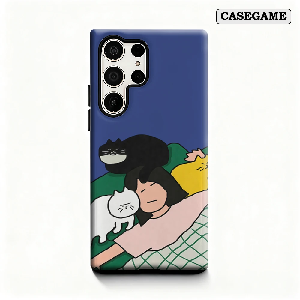 Cozy Girl & Cats Phone Case for Samsung Galaxy S25 Ultra S24 S23 Ultra Plus Shockproof Double Layer Back Cover