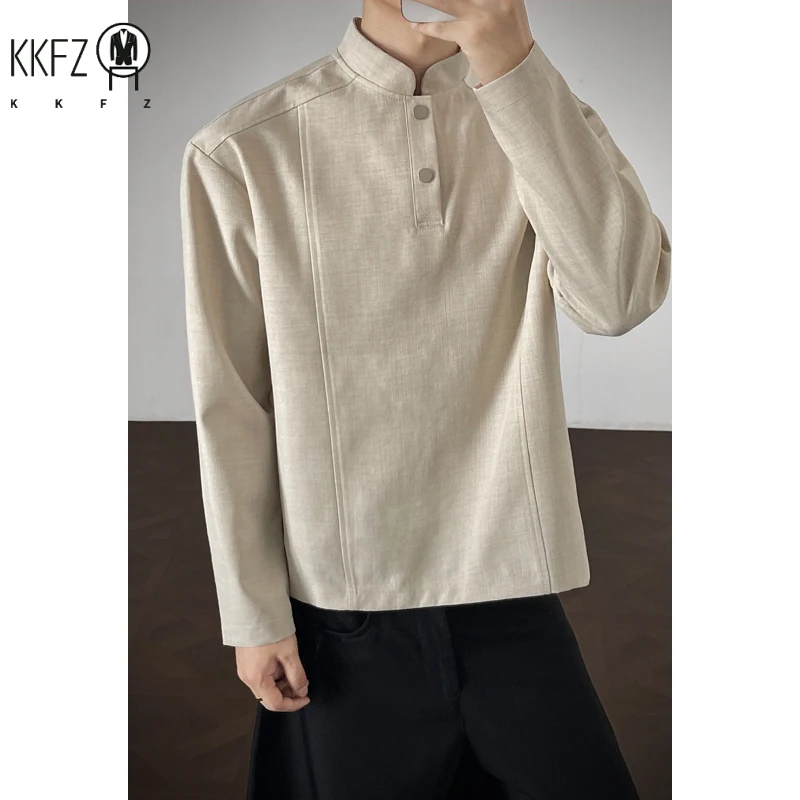 Mens Stand Collar Long Sleeve Top Partial Button Closure Decorative Seam Craft Loose Fit For Office Commute Leisure Outfit