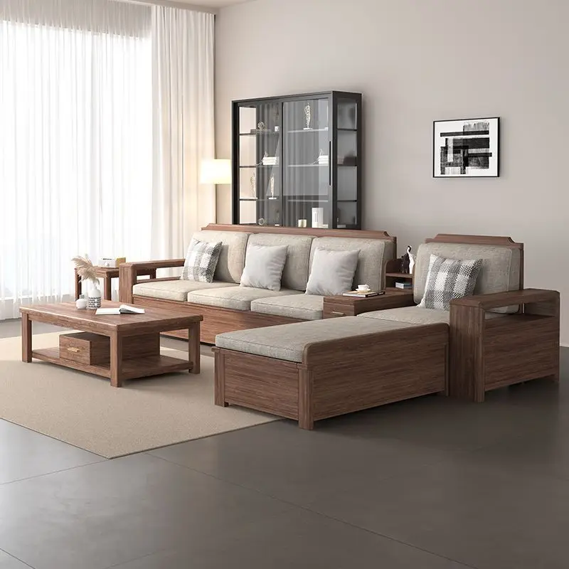 Sofakombination aus schwarzem Walnussholz, komplett aus Massivholz, moderne, einfache, hohe Aufbewahrungsbox, ästhetisches Wohnzimmermöbelset mit Song-Aufbewahrung