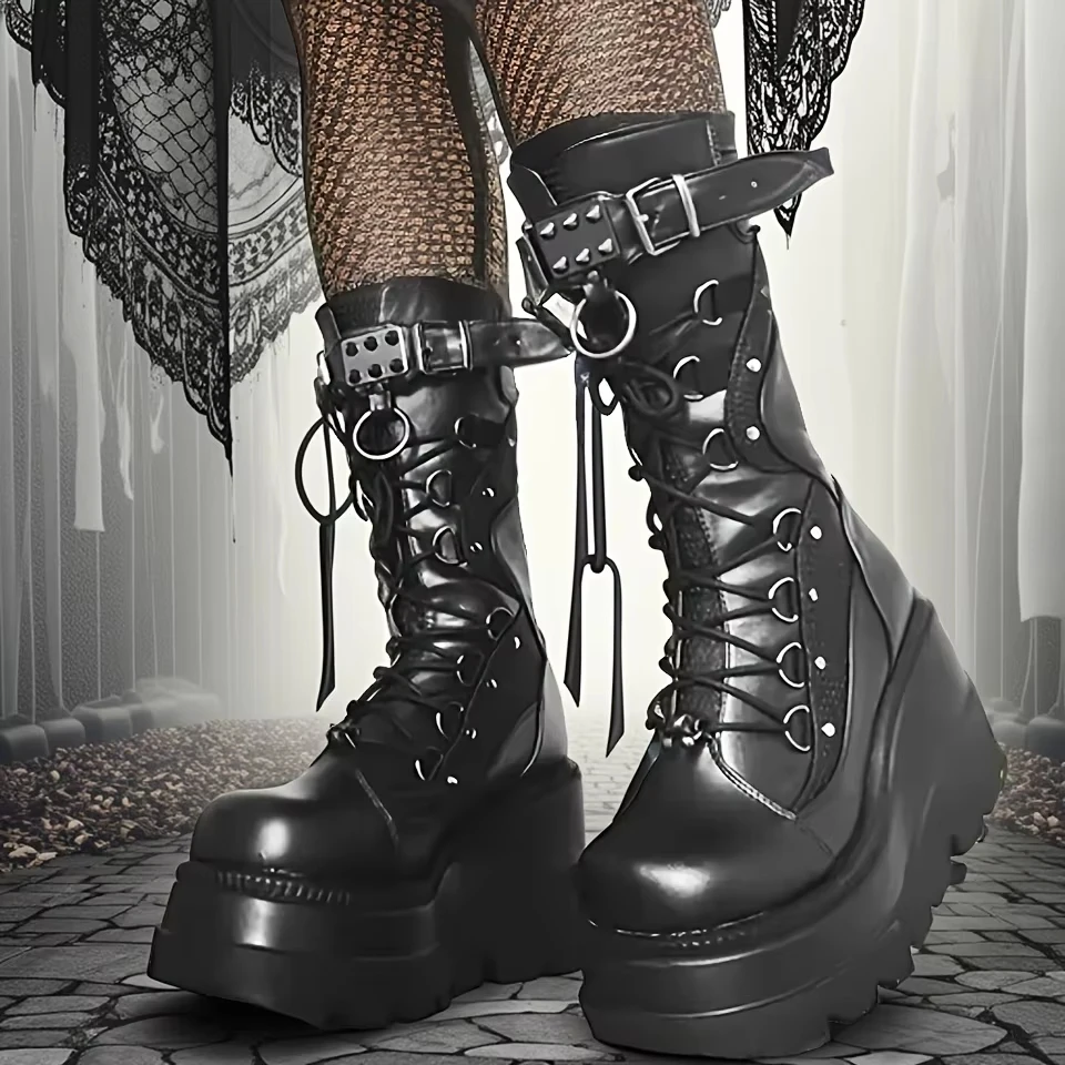 

Brand New Ladies Goth Platform Boots Fashion Rivet Buckle Punk Wedges High Heels women's Boots Party Street Cosplay Woman Shoes