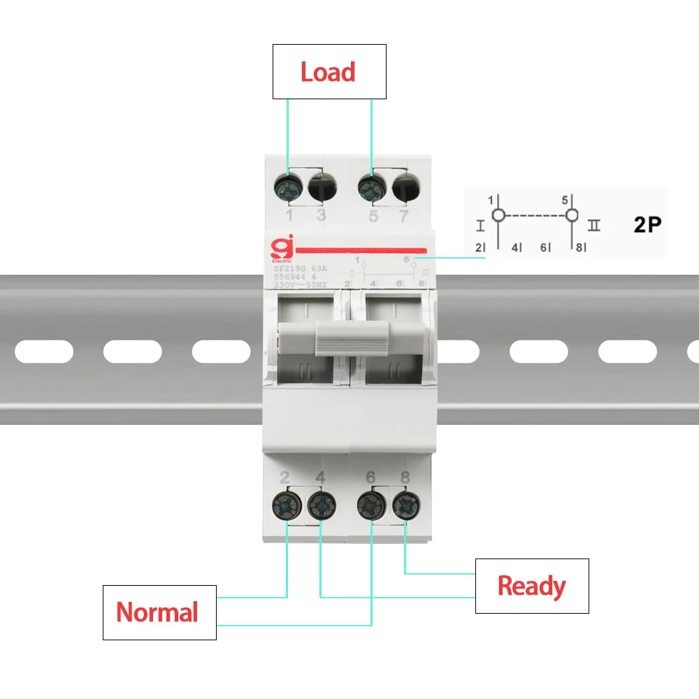이중 전원 절연 수동 전송 스위치 인터록 회로 차단기, 2P 63A MTS AC 40A 230V 400V, 1-0-2 Din 레일 분리