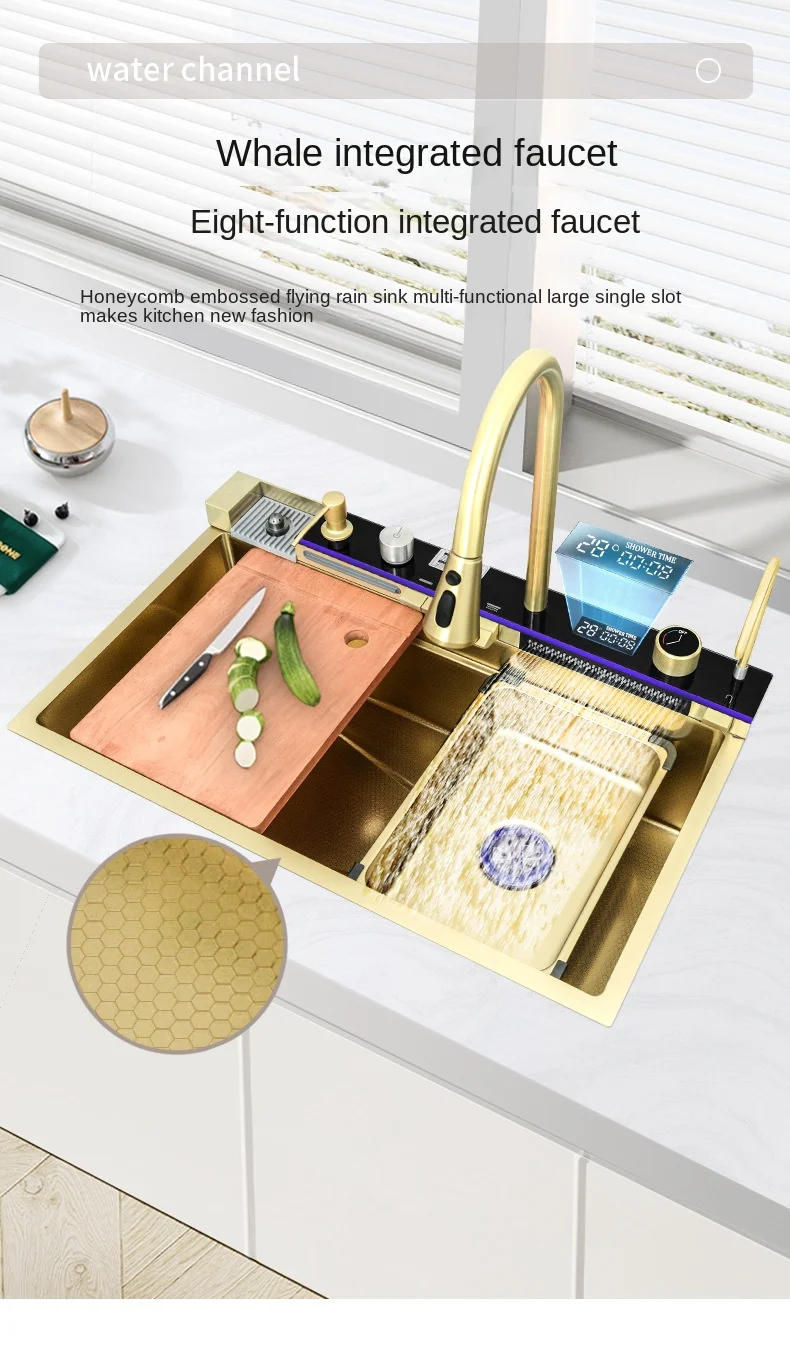 Lavello multifunzione a fessura singola grande in acciaio inossidabile 304 Display digitale a LED antigraffio lavello da cucina a cascata con tazza